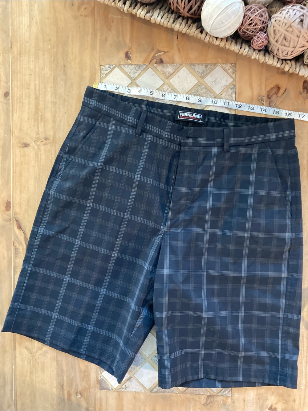 Kirkland Signature Navy and Black Plaid Flat-Front Men’s Shorts